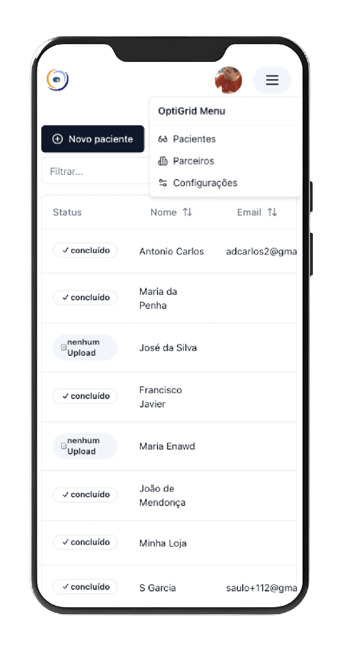 Optogrid patient list screenshot onmobile