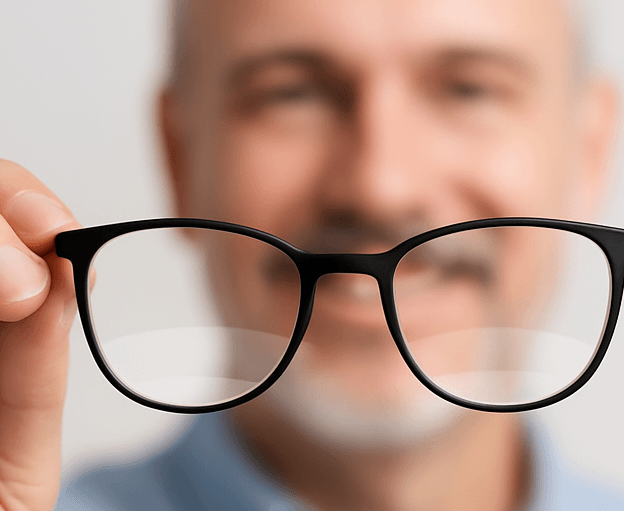 Importance of the segment height for progressive lenses. Man holding his glasses