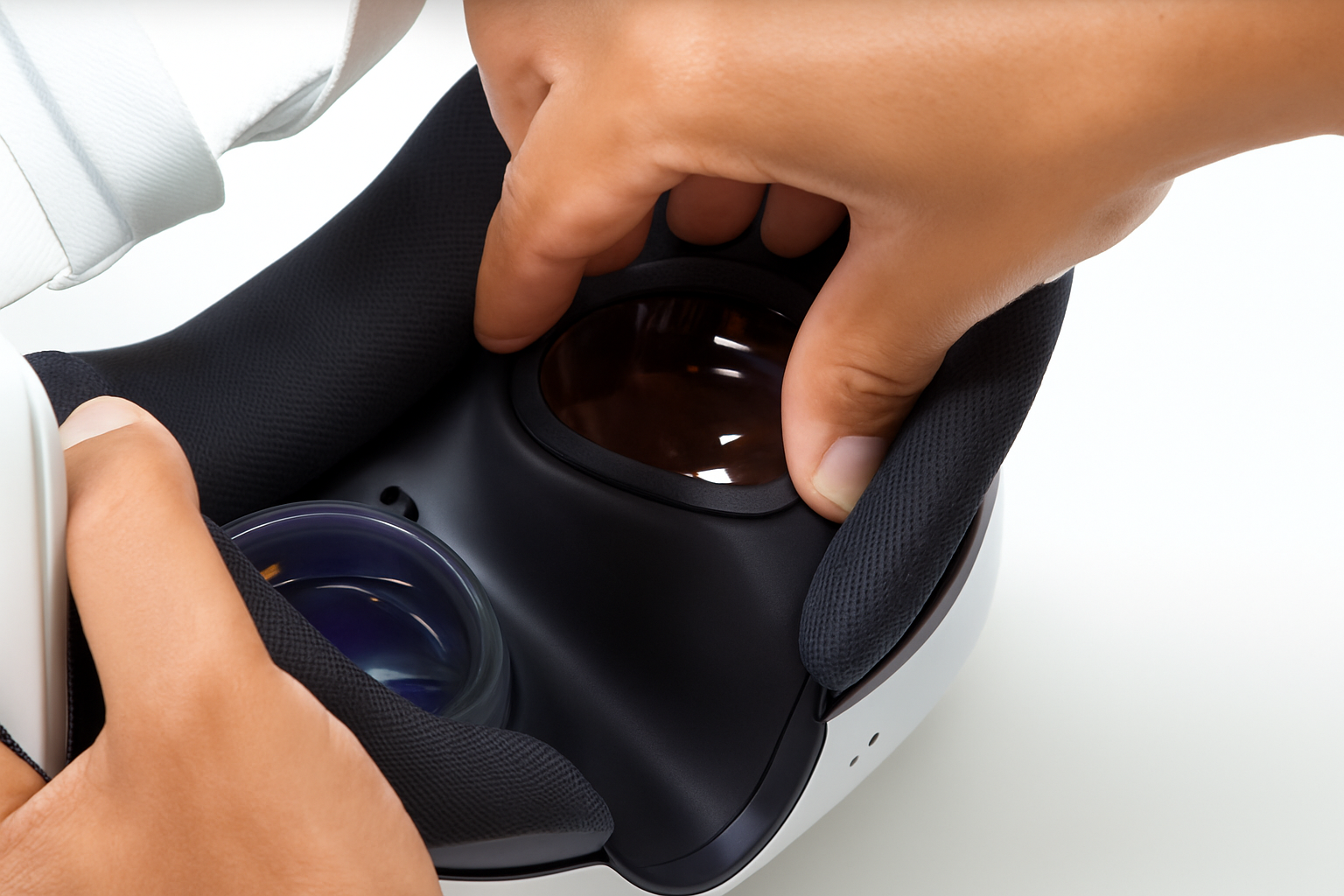 Custom prescription lens insert being snapped into a VR headset. These inserts eliminate the need to wear glasses inside the headset and are made to fit specific models for optimal alignment and comfort.